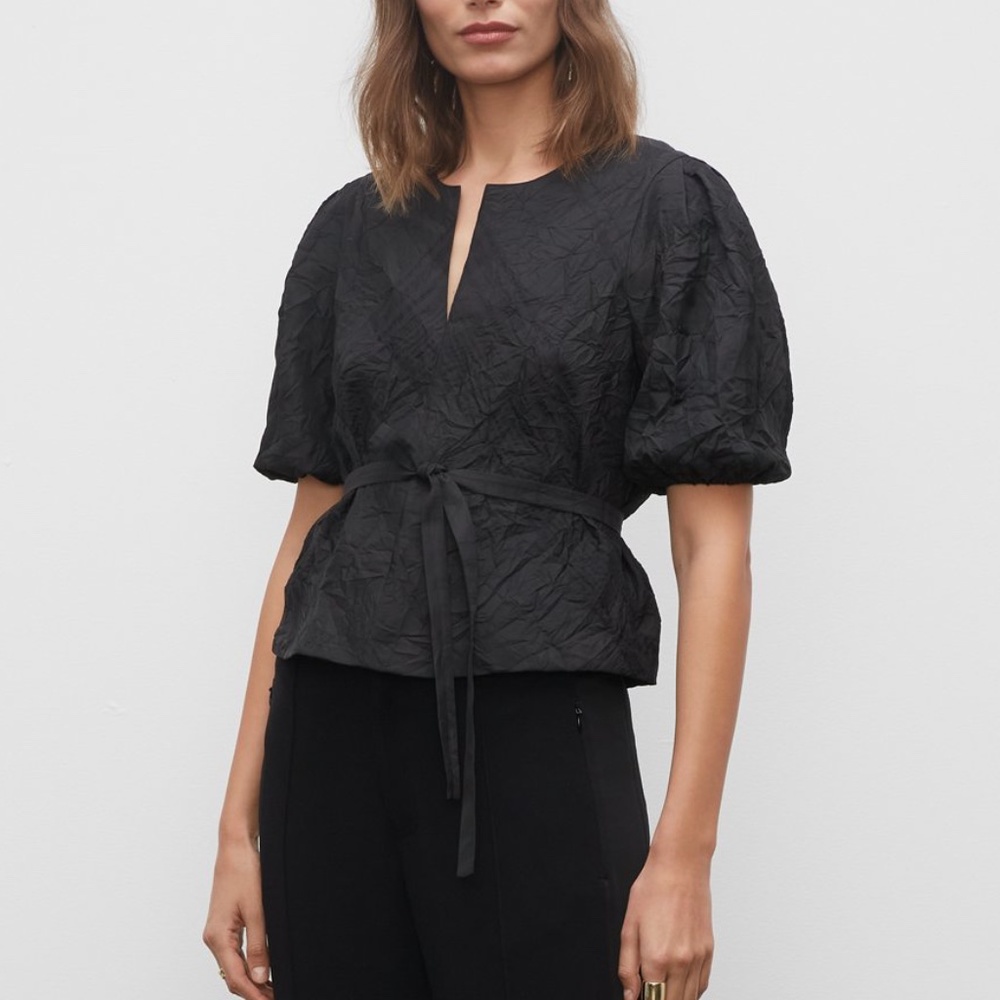 Plaid Seamed Puff Sleeve Tops - Black - New Without Tags; NEVER WORN